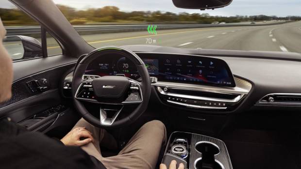 $!Front-facing view of the 2026 Cadillac LYRIQ-V’s interior, featuring standard Super Cruise and a dual-plane augmented reality head up display.