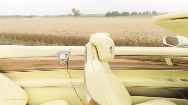 $!Close up view of Cadillac SOLLEI driver seat interior, featuring wood door decor with Sunburst motif.