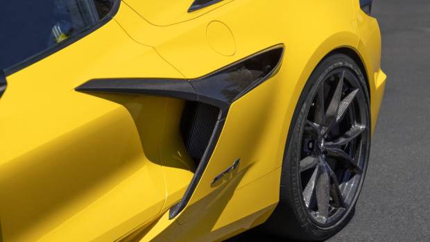 $!Close-up of Chevrolet Corvette ZR1 Coupe carbon fiber side profile air ducts. Preproduction model shown. Actual production model may vary.