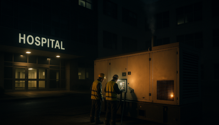 Recreación de un generador diésel suministrando energía a un hospital durante el apagón en España.