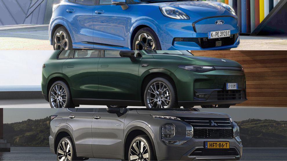 Los tres candidatos del mes demayo: Ford Puma Gen-E, el Leapmotor C10 y el Mitsubishi Outlander PHEV
